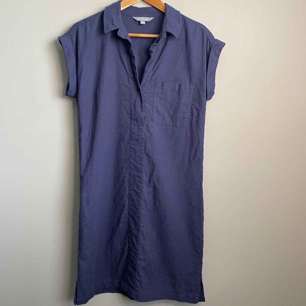 Kenar Grayish-Blue Women's Linen Blend Polo‎ Style Peasant Dress Size Small